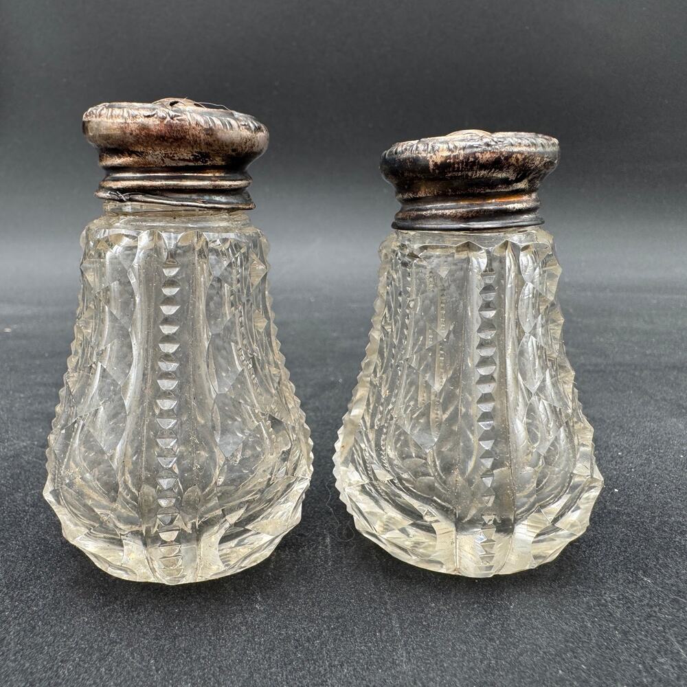Antique Cut Crystal ABP Brilliant Period Salt Pepper Shakers Sterling Silver